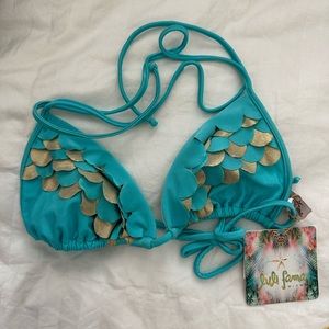 New Luli Fama Mermaid Bikini Top L Large NWT Aqua Turquoise Gold Swimsuit